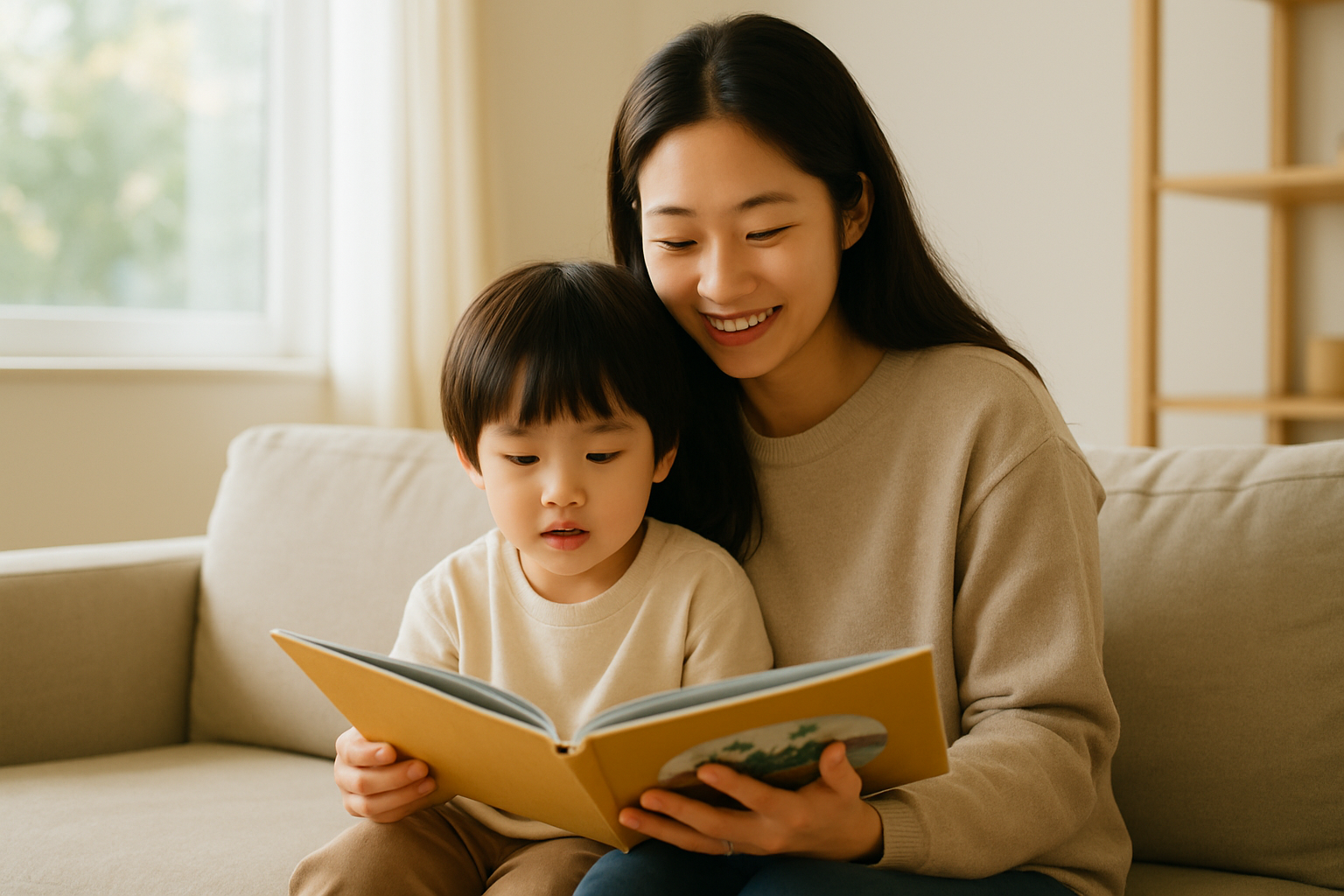 거실 소파에서 아이와 영어 그림책을 함께 읽는 엄마